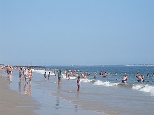 Crowded Brighton Beach on a summer afternoon