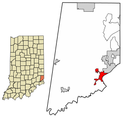 Location of Aurora in Dearborn County, Indiana.