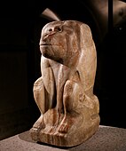 Alabaster statue of a baboon divinity with the name of Narmer inscribed on its base, on display at the Ägyptisches Museum Berlin