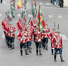 The scarlet uniform of the National Guards Unit of Bulgaria in Paris, France