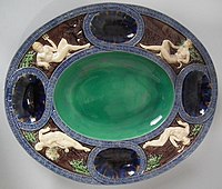 Platter with Juno, Neptune, Mercury, Selene, c. 1875. Unlike much "Palissy Ware", this is close to actual Renaissance pieces.