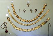 LM gold earrings (with granulated cones), necklaces and pin, AMH