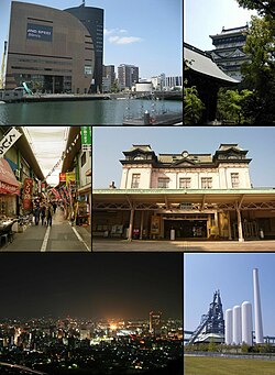 Clockwise from top left: the Riverwalk shopping center; Kokura Castle; Mojiko Station; the former Higashida blast furnace; a night view of Kokura from Mount Adachi; and the Tanga Market in Kokura