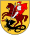 A coat of arms depicting a man in full body armour riding a brown horse that is trampling a black dragon all on a yellow background