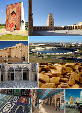 Top (from left to right): Monument to Kairouan carpets, Great Mosque of Kairouan Second row: Historic city walls, Aghlabid Basins Third row: Zawiya of Sidi Abid al-Ghariani, Makroudh Bottom: Kairouan carpets, Bazaar, Medina quarter