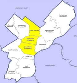 Map of Philadelphia, with Olney-Oak Lane at top of highlighted area (click for larger image)
