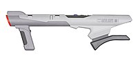 A light and dark grey plastic lightgun game controller fashioned like a real-world bazooka