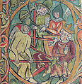 Mittelalterliche Buchmalerei. Olav wird mit Axt, Speer und Schwert getötet.