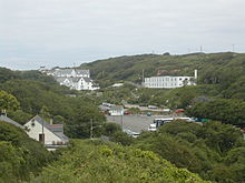 Porthcurno Valley looking north showing the car park and a few of the former Engineering College buildings