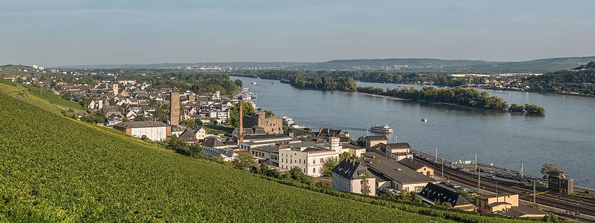 A panoramic view of Rüdesheim am Rhein, looking towards east.