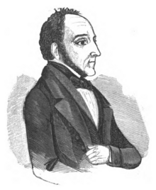 A black and white 19th-century illustration of a man in profile, facing right, with short curly hair and sideburns, wearing a formal suit with a high-collared shirt and bow tie.