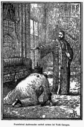 "Postelnic Andronache begging Prince Caradja for forgiveness", scene from Nicolae Filimon's Ciocoii vechi și noi, as illustrated by Mihail Simonidi