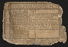 A 1776 banknote issued by Virginia worth seven shillings and six pence with the inscription; "SEVEN SHILLINGS AND SIX PENCE Current Money of VIRGINIA, PURSUANT to Ordinance of CONVENTION Passed 6 MAY 1776" ; Within border cut: "NINETY PENCE". ; Within banner: "EN DAT VIRGINIA QUARTAM".