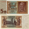Artikel: Reichsmark Bildunterschrift: Vorder- und Rückseite eines 5-Reichsmark-Scheines von 1942. Nach § 86 StGB enthält dieses Bild ein in Deutschland verbotenes Symbol, dessen Verbreitung unter Strafe steht.