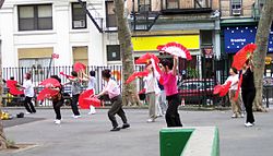Chinese Americans practicing tai chi in the park, 2005