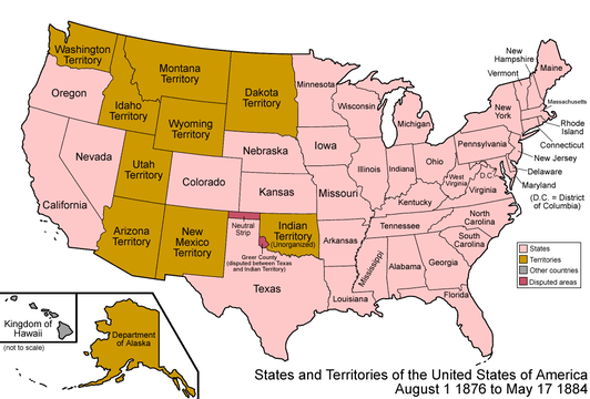 Map of the United States after Colorado was admitted to the Union on August 1, 1876
