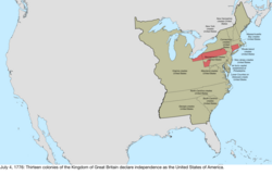 Map of the change to the United States in central North America on July 4, 1776