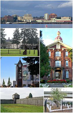 Clockwise from top: skyline of Vancouver viewed from the Oregon side of the Columbia River; House of Providence; Old Apple Tree Park; Fort Vancouver; Esther Short Park; Vancouver Barracks