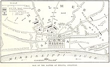 Map of the battlefield, including troop positions. The Union lines form a ring around the city of Helena, with their backs to the Mississippi River. Confederate troops attack from multiple angles.