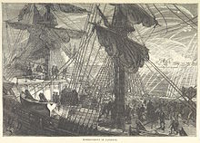 An 1880 etching of a ship firing rockets at a distant city