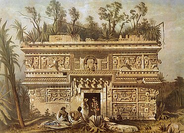 Las Monjas (Chichen Itza) in 1843 by Frederick Catherwood.[79]