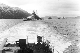 Tirpitz, escorted by several destroyers, steaming in the Bogenfjord in October 1942