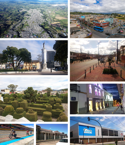 From top, left to right: Aerial view of the city, south of Tulcan, Central Park of Independence, University Avenue, José María Azael Franco Guerrero Cemetery, Lemarie Theater, City of Tulcán Velodrome, Carchi State Polytechnic University and Eloy Alfaro Market.