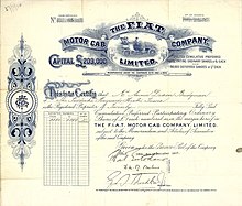 Aktie der F.I.A.T. Motor Cab Company, ausgestellt am 18. Dezember 1907, einer Fiat-Tochtergesellschaft, gegründet am 9. Oktober 1906 in London