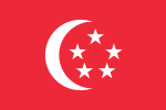 A white crescent and five stars (arranged in a pentagon) centred on a red background