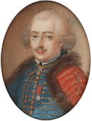 Oval painting of a man in a blue and red hussar uniform.