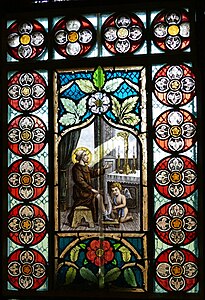 Stained glass depicting Saint Peregrine at Cholera Chapel, Heiligenkreuz