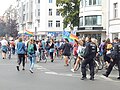 Double-Venus rainbow flag at Istanbul Pride solidarity demonstration, Berlin, Germany, 2018