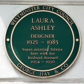 City of Westminster green plaque commemorating Laura Ashley