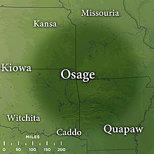 Map featuring traditional Osage influenced lands of the late 17th century; superimposed over present-day northwest Arkansas, southeast Kansas, southwest Missouri, and northeast Oklahoma