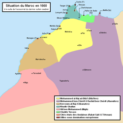 State of fragmentation of Morocco after the assassination of the last Saadian sultan (Zawia of Dila in yellow)