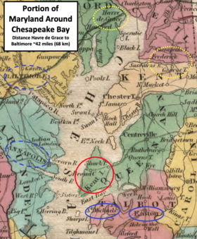 old map showing Maryland around the Chesapeake Bay in 1813