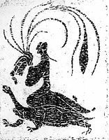 An immortal riding a tortoise. A Han dynasty stone-relief rubbing.
