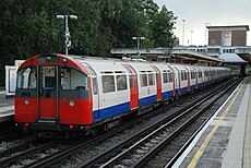A westbound Piccadilly line train at Northfields, formed of a six-car 1973 stock.