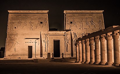 The well preserved Temple of Isis from Philae is an example of Egyptian architecture and architectural sculpture.