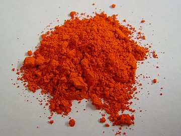 A sample of minium pigment, made by roasting white lead pigment