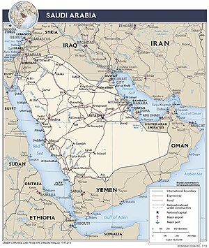 Map of the Saudi Arabian transportation network from the 2000 CIA World Factbook