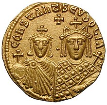 The reverse of a golden coin showing Constantine with Emperor Basil