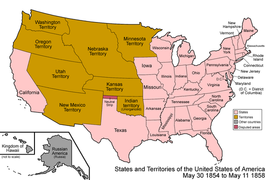 Map of the United States after the creation of the Territory of Kansas and the Territory of Nebraska on May 30, 1854