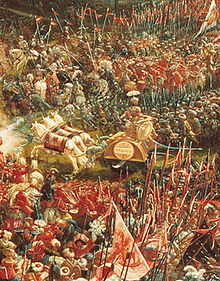 A figure on a chariot pulled by three horses, with soldiers on either side of the trail