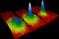 Image 35The first Bose–Einstein condensate observed in a gas of ultracold rubidium atoms. The blue and white areas represent higher density. (from Condensed matter physics)