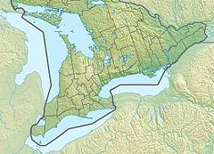 Map of southern Ontario with a red dot at the mouth of Darlington Creek