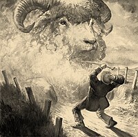 Sheep Boggart encountered near Carnforth - "The supposed sheep aroused itself and as if with indignity at the insult, swelled out as the man affirms, into the size of a house". Art by Jantiff Illustration