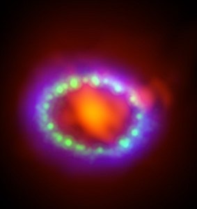 Composite of ALMA, Hubble and Chandra data, showing newly formed dust in the center of the remnant and the expanding shock wave.