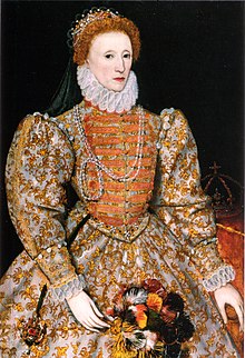 Full-length portrait of Queen Elizabeth in her early 40s. She has red hair, fair skin, and wears a crown and a pearl necklace.