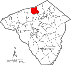 Map of Lancaster County highlighting Elizabeth Township
